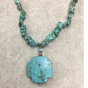 Natural Chunky Statement Turquoise with Howlite Cross Pendant Necklace